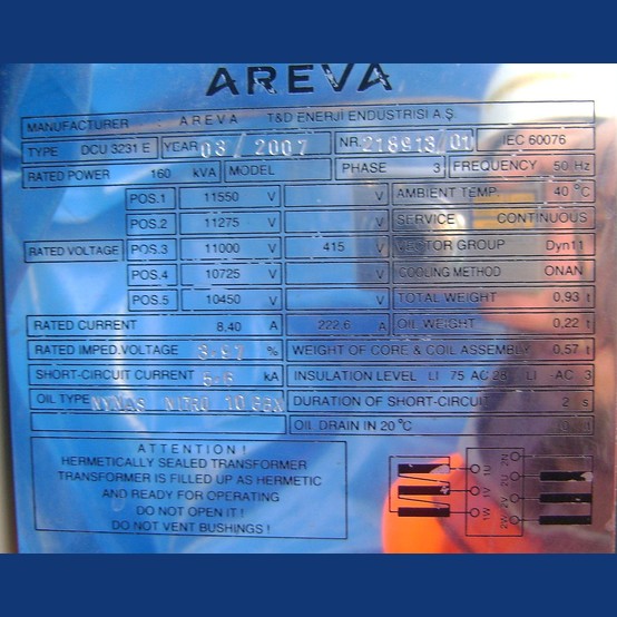 160 KVA 11,000 Primary, 415V Secondary, Areva #PT, Oil Filled Distribution Transformer 3 Phase (2 available) - Image 2
