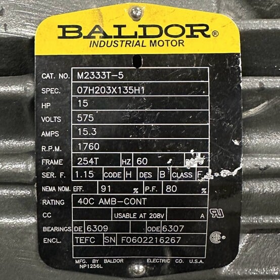 15 HP 1760 RPM Baldor - Caterpillar #: M2333T-5, Frame 254T, 575 Volts, Electric Motor - Image 2