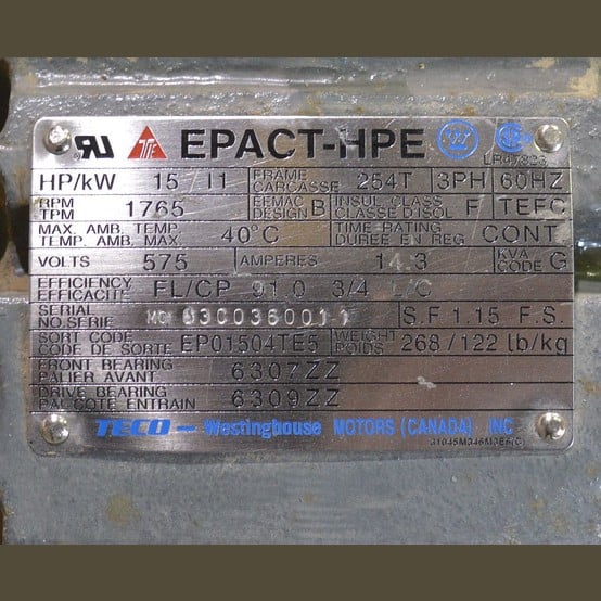 15 HP 1765 RPM Teco Westinghouse HPE, Frame 254T, TEFC, 575 Volts, Electric Motor - Image 2
