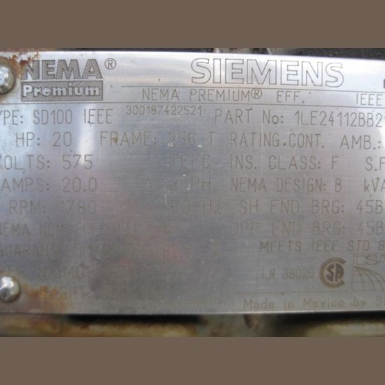 20 HP 1780 RPM Siemens, Frame 256T, 575 Volts, Electric Motor - Image 2