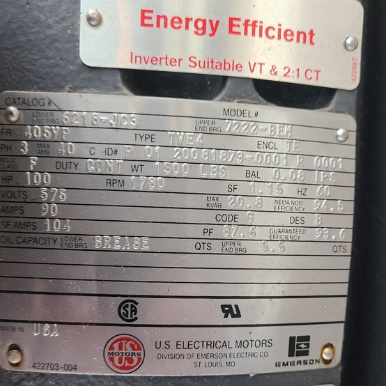 100 HP 1780 RPM U.S. Motors, Frame 405VP, 3 phase, 575 Volts, Vertical Motor - Image 3