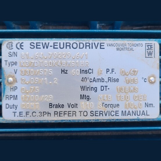 0.75 HP 1700 RPM Sew-Eurodrive #K37A, Gearmotor, 58.60:1 Ratio, 3 phase, 330/575 Volts - Image 4
