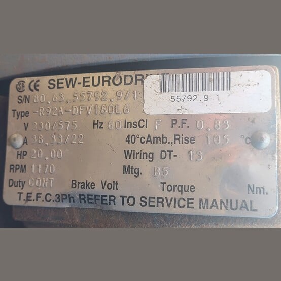 20 HP 1170 RPM Sew-Eurodrive, Gearmotor, 7.27:1 Ratio, 3 phase, 330/575 Volts - Image 5