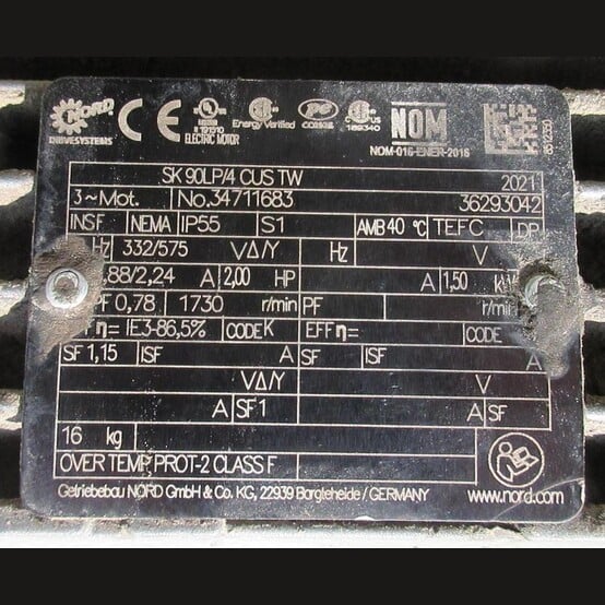 2 HP 1730 RPM Nord #SK 90LP/4 CUS TW, Gearmotor, 20.87:1 Ratio, 3 phase, 332/575 Volts - Image 6