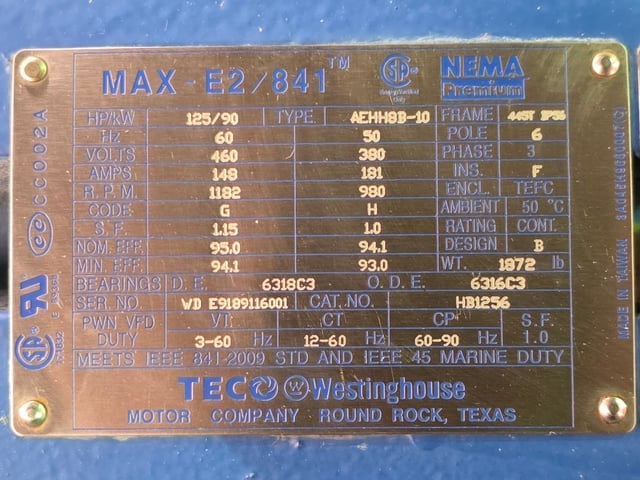 125 HP 1200 RPM Teco Westinghouse, Frame 445T, TEFC BB, 460 Volts, New Surplus - Image 2