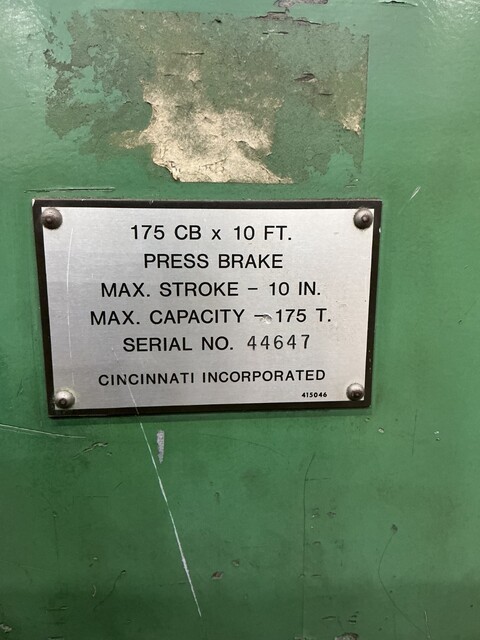 175 Ton, Cincinnati #175CBx10FT, press brake, 10' overall, 10" stroke, 30 HP, 460 V. - Image 6