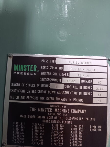 60 Ton, Minster #6SS, Back-Geared OBI Mechanical Punch Press, 6" stroke, 14" shut height, 2.75" slide - Image 4