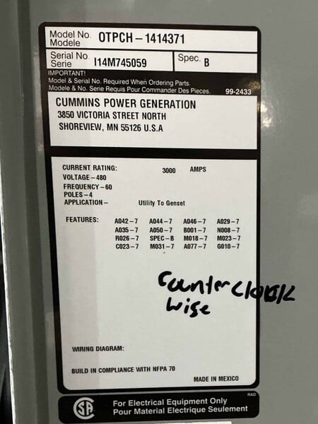 3000 Amp. Cummins #OTPCH-1414371, Automatic Transfer Switch, 4-pole, 480 Volt, NEMA 1 enclosure, 3PH, 2014 - Image 3