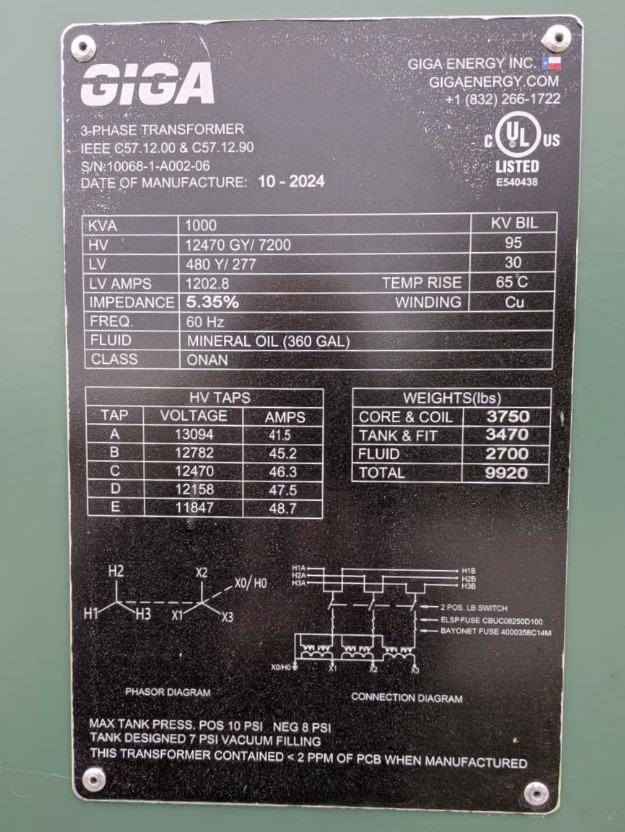 1000 KVA 12470GY/7200 Primary, 480Y/277 Secondary, Giga Energy, Pad Mount Transformer, 3PH, 2024 - Image 2