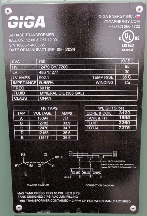 750 KVA 12470GY/7200 Primary, 480Y/277 Secondary, Giga Energy, Pad Mount Transformer, 3PH, 2024, (5 available) - Image 2