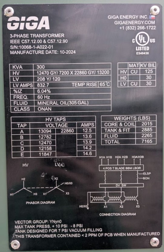 300 KVA 12470GY/7200 x 22860GY/13200 Primary, 208Y/120 Secondary, Giga Energy, Dual Voltage Padmount - Image 2