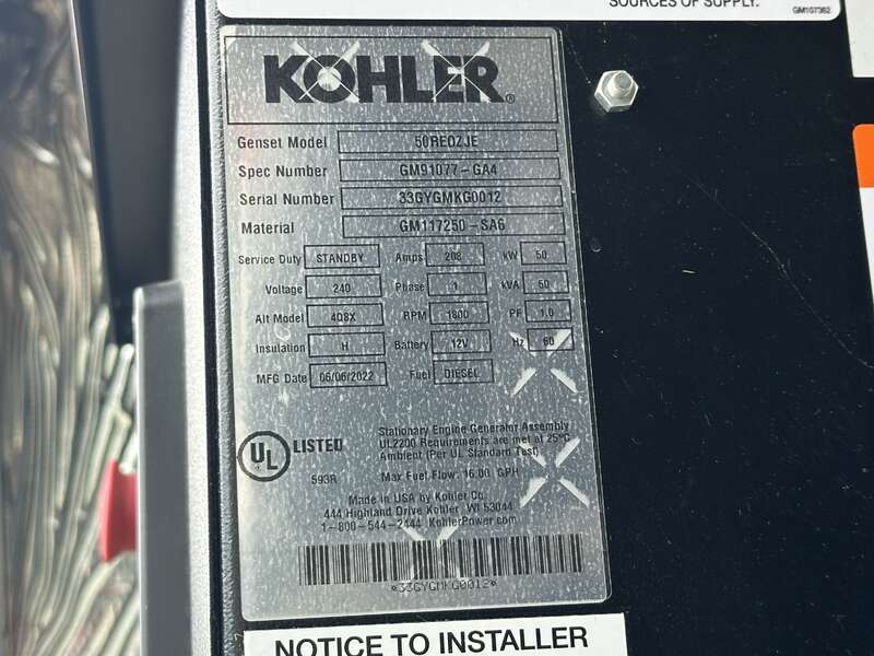 50 KW Kohler #50REOZJE, diesel generator set, 120/240 Volts, 1-phase, 85 HP @ 1800 RPM, John Deere 4045TF280 - Image 10