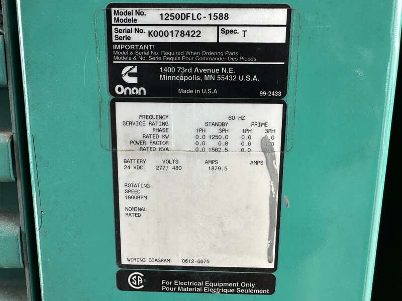 1250 KW Cummins #DFLC, diesel generator set, 277/480 Volts, 1850 HP @ 1800 RPM, KTA50-G3 engine, sound - Image 10