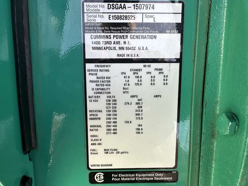 100 KW Cummins #DSGAA, diesel generator set, 277/480 Volts, 8 hours, 324 HP @ 1800 RPM, QSB7-G5 NR3 engine - Image 10