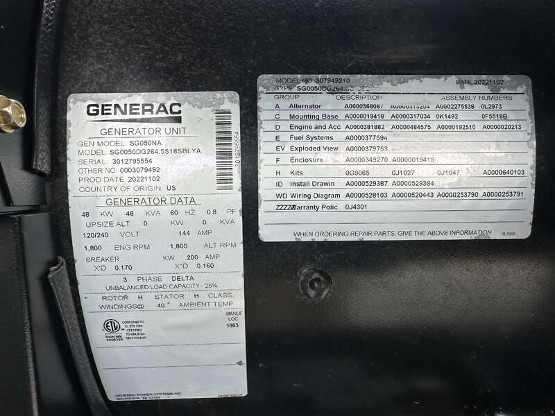 48 KW Generac #SG050NA, Natural gas / propane generator set, 120/240 Volts, 1-phase, 86 HP @ 1800 RPM, 4.5L - Image 10