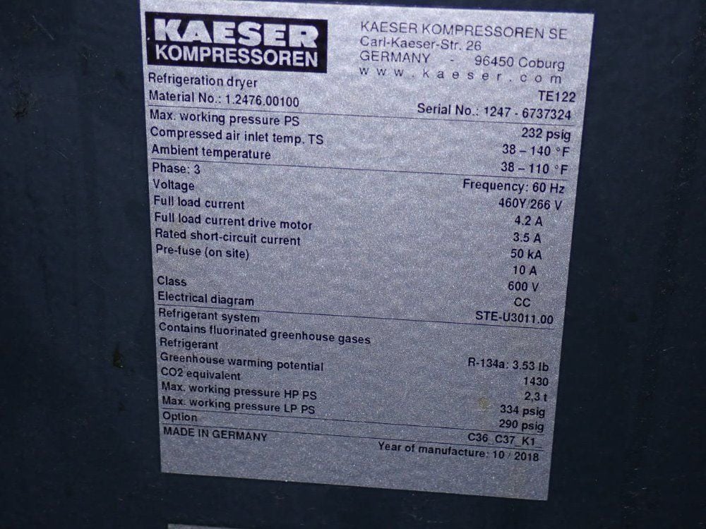 Kaeser #TE122, Refrigerated Air Dryer, 460 V., 2018 - Image 7