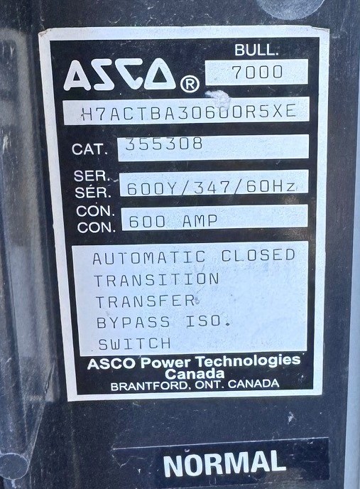 600 Amp. Asco, Bull 7000 Automatic Closed Transition Transfer Bypass Isolation Switch - Image 5