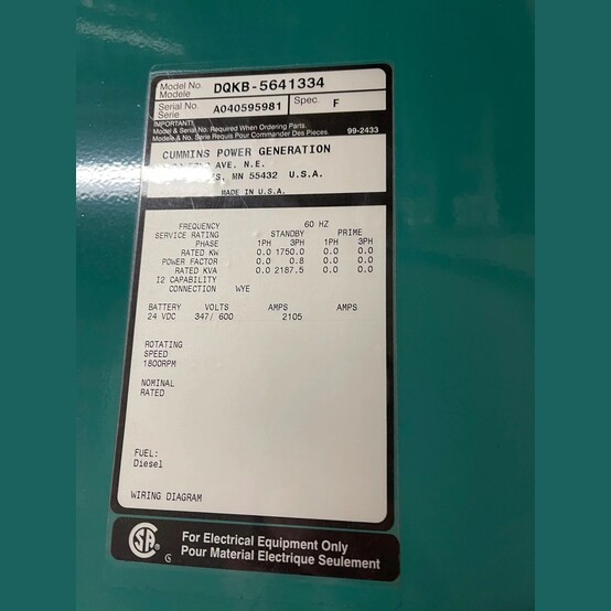 1750 KW Cummins #DQKB-5641334, Diesel Generator, Standby Duty, 600 Volts, 250 Hours, 2004 - Image 2