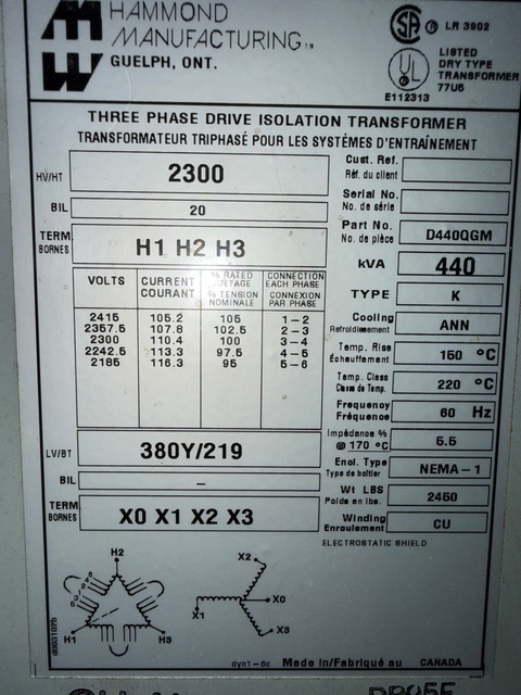 440 KVA 2300 Primary, 380Y/219 Secondary Hammond #D440QGM, dry type, 3-phase, 60 Hz, K-type, NEMA 1 - Image 7