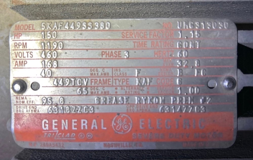 150 HP 1200 RPM General Electric, Frame 449TCV, TEFC, BB, 1.15 SGF, 460 Volts, Rebuilt - Image 3
