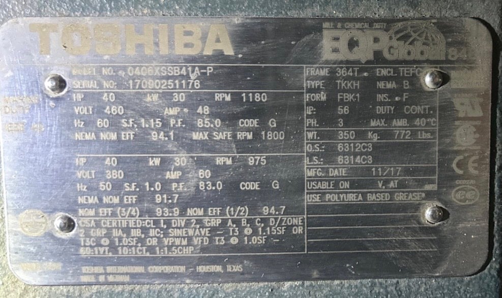 40 HP 1200 RPM Toshiba, Frame 365T, TEFC, BB, 1.15 service factor, 460 Volts, New Surplus - Image 3