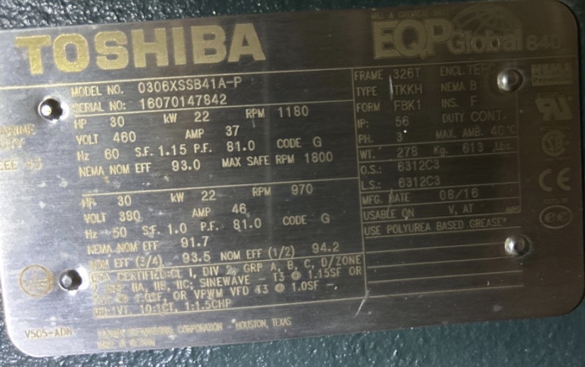 30 HP 1200 RPM Toshiba, Frame 326T, TEFC, BB, 1.15 service factor, 480 Volts, New Surplus - Image 1