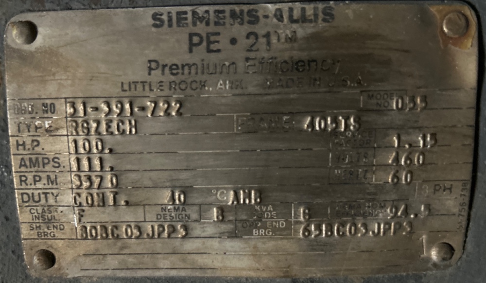 100 HP 3600 RPM Siemens-Allis, Frame 405TS, TEFC, BB, 1.15 service factor, 460 Volts, Offered electrically OK - Image 1