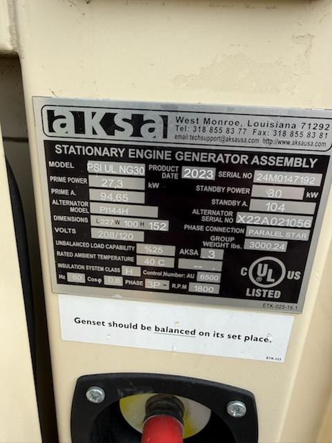 30 KW AKSA Power #PSI UL NG30, Natural gas generator set, 120/208 Volts, 3-phase, S/N: 24M0147192, 2023 - Image 5