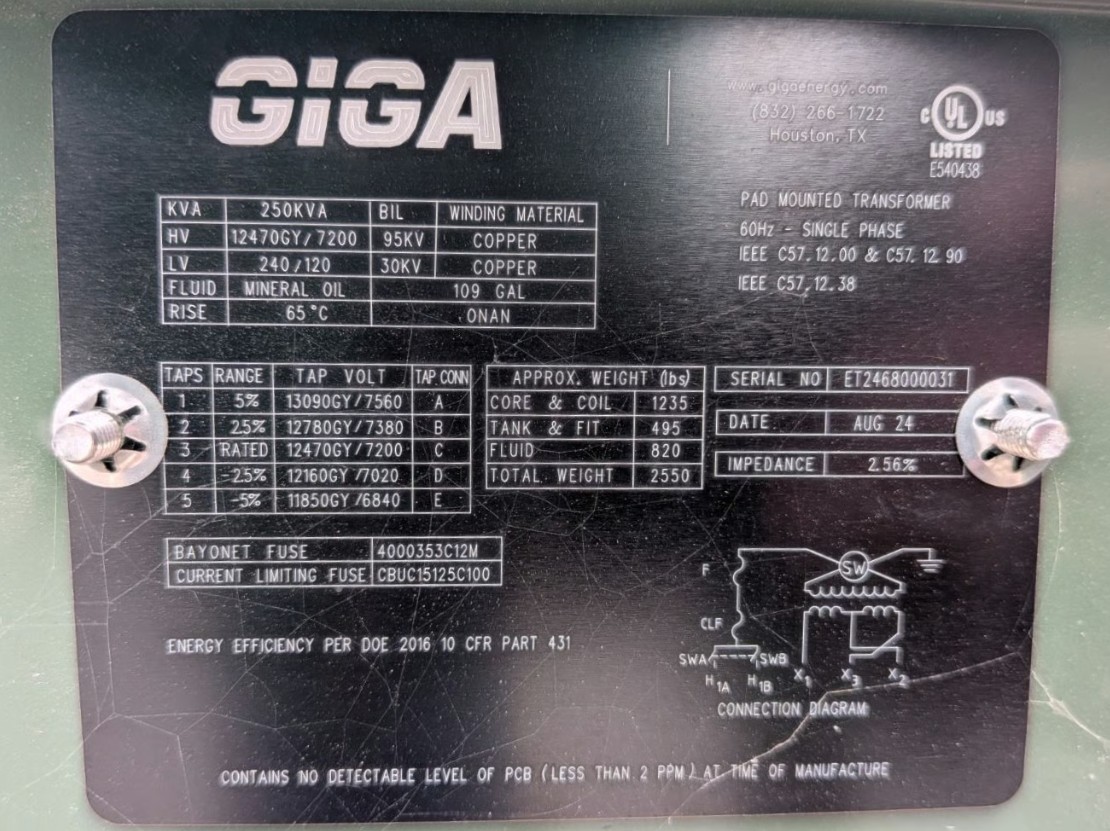 250 KVA 12470GY/7200 Primary, 240/120 Secondary, Giga Energy, Clam Shell Padmount Transformer, 1PH, 2024, (13 - Image 2