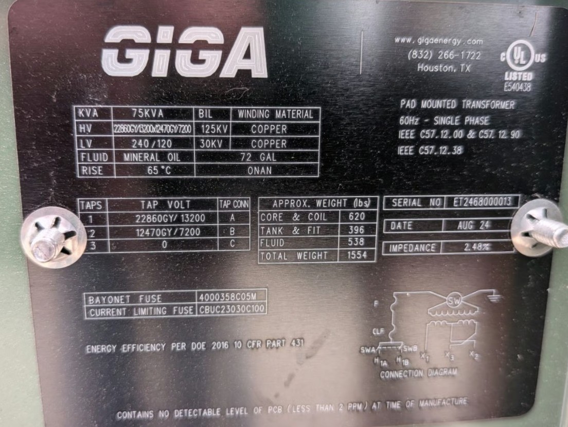 75 KVA 22860GY/13200 x 12470GY/7200 Primary, 240/120 Secondary, Giga Energy, Clam Shell Dual Voltage Padmount - Image 2