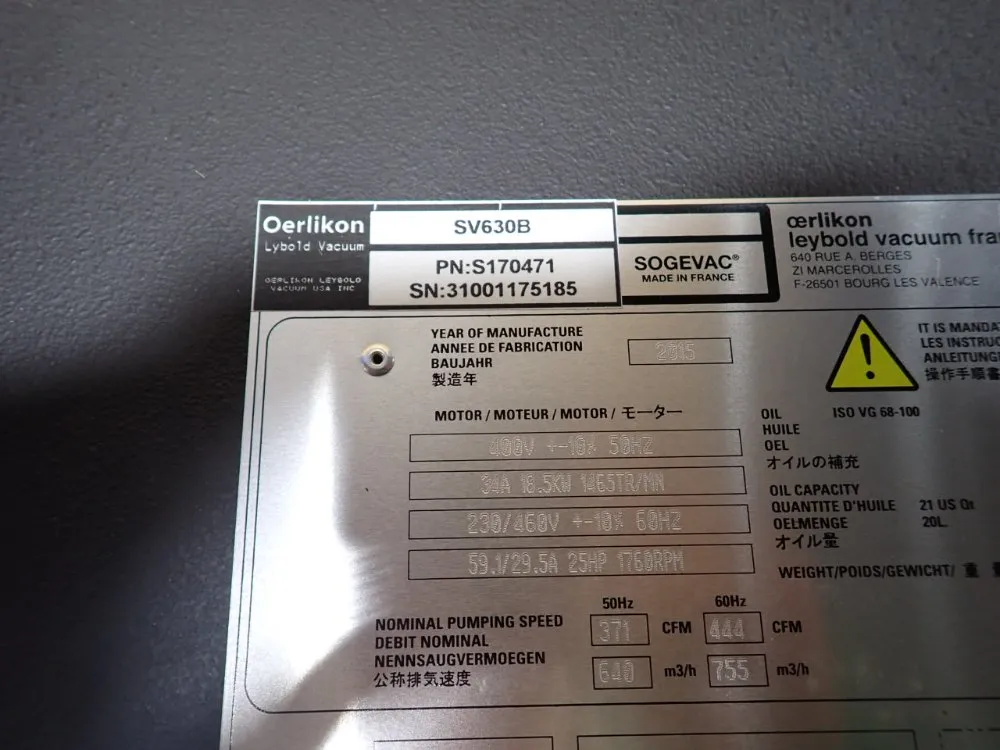Oerlikon Leybold #SV630B, Vacuum Pump, 25 HP - Image 3