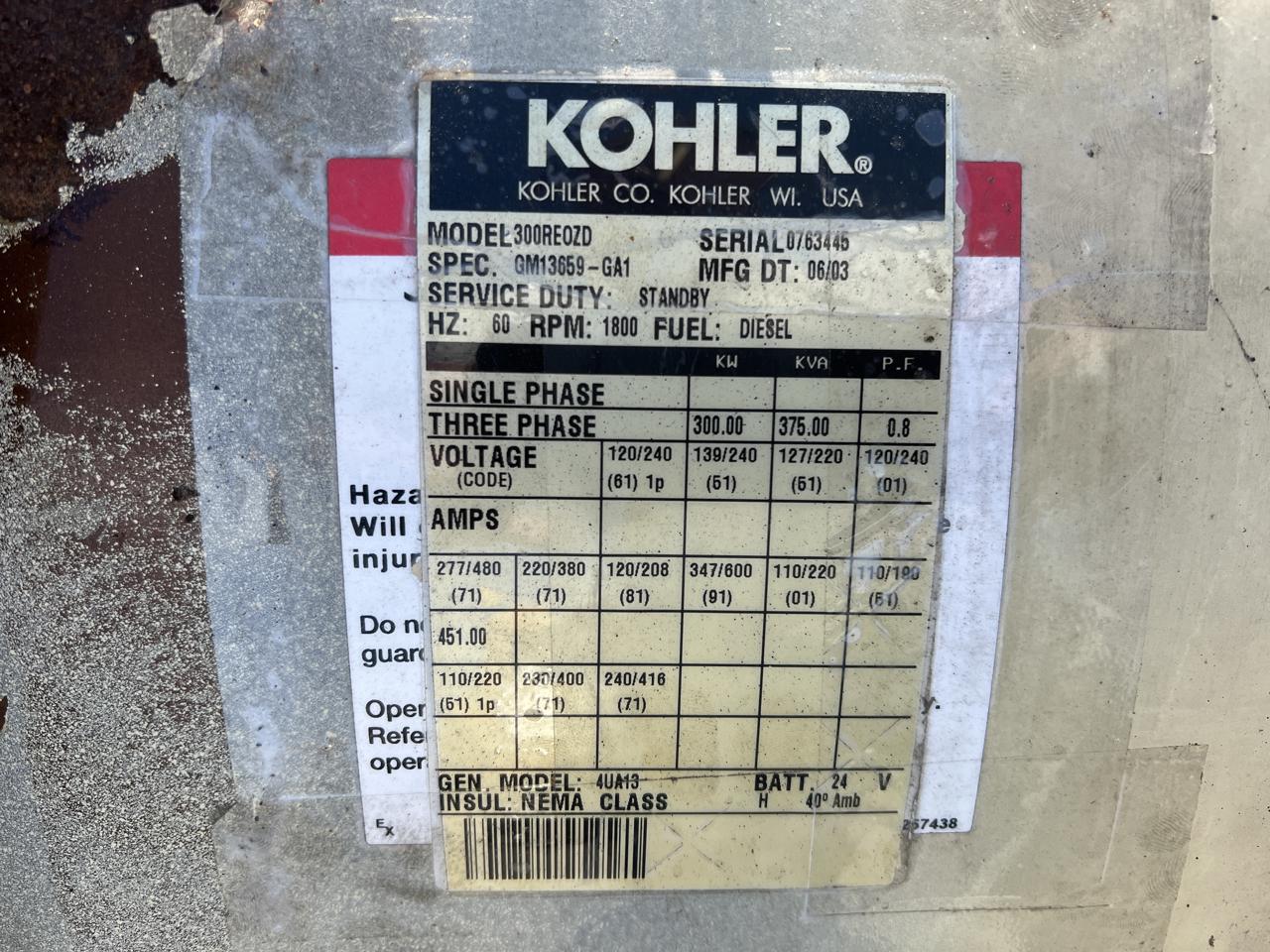 300 KW, 1800 RPM, Kohler #300REOZD, Generator End, 277/480 Volts, 12 poles, 750 hours, 2003 - Image 10