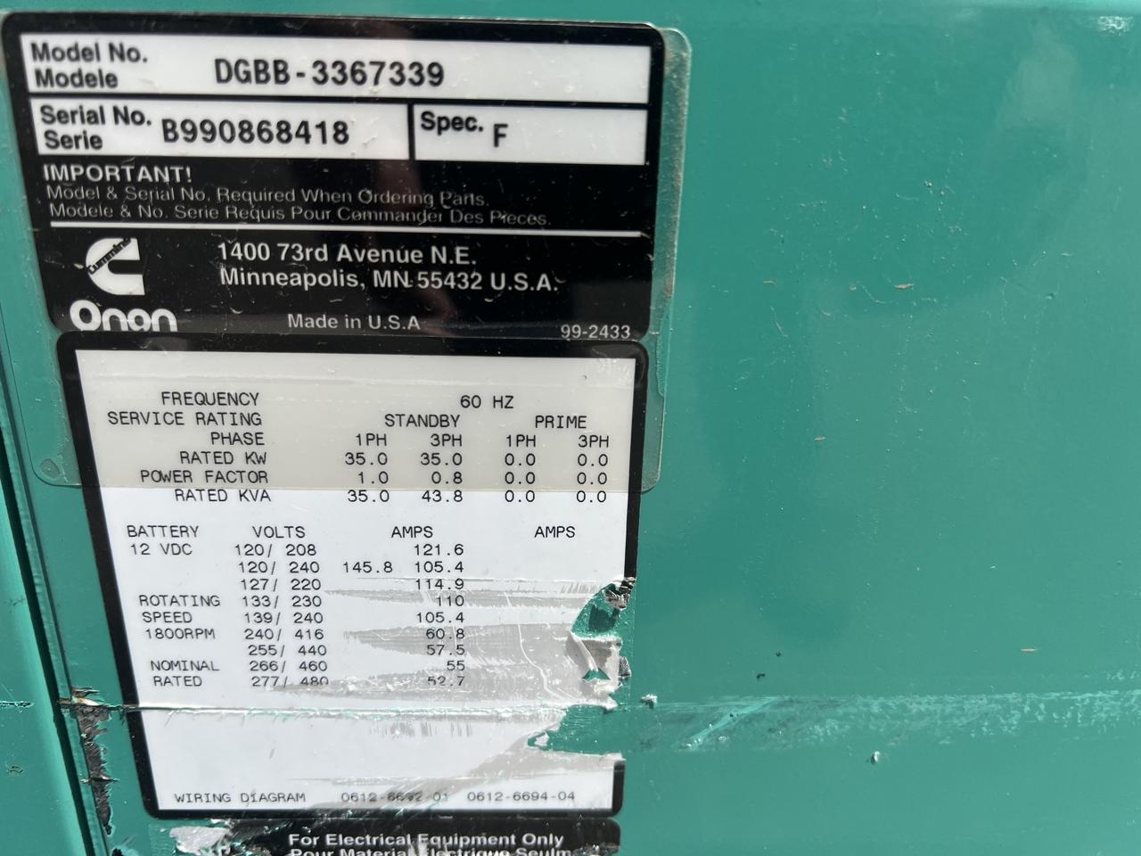 35 KW, 1800 RPM, Cummins/Onan #DGBB-3367339, Generator End, 120/240 Volts, 12 poles, 1833 hours, 1999 - Image 4