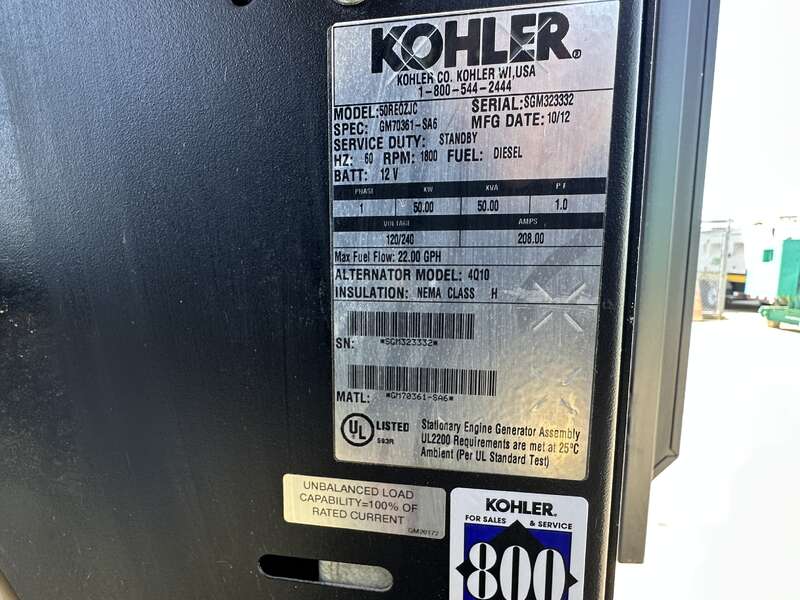 50 KW Kohler #50REOZJC, diesel generator set, 120/240 Volts, 1 phase, John Deere #4024HF285, sound attenuated - Image 10