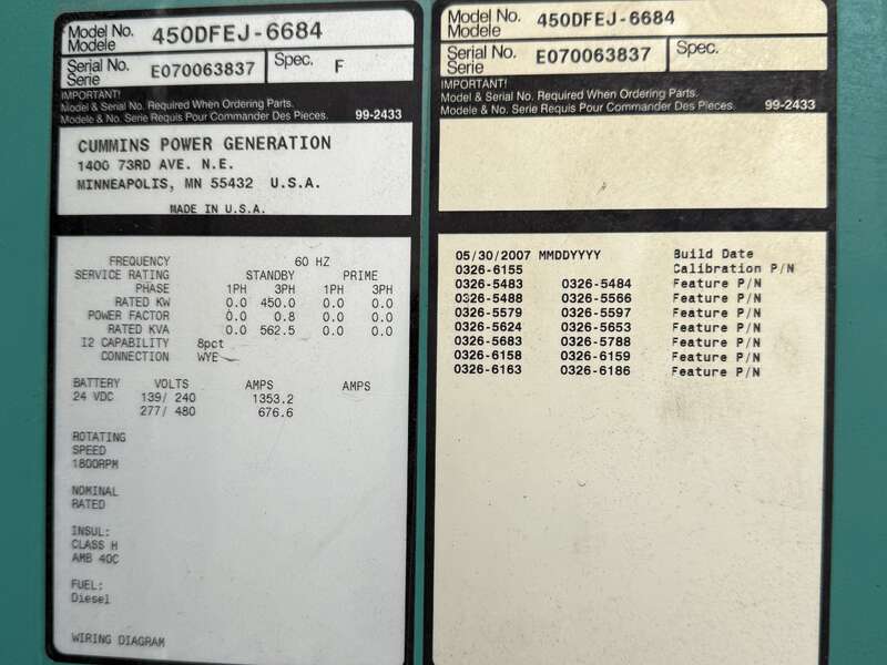 450 KW Cummins #DFEJ, diesel generator set, 277/480 Volts, 755 HP @ 1800 RPM, QSX15-G9 NR2 engine, 314 hours - Image 5