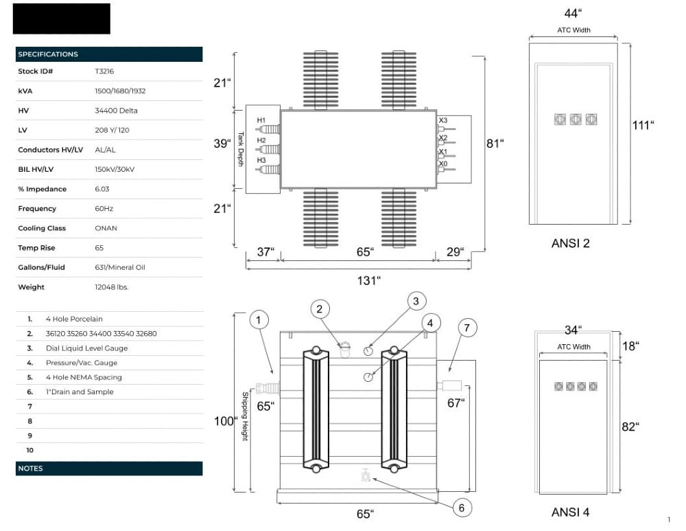 1500/1680/1932 KVA 34400 Delta Primary, 208Y/120 Secondary, SUB, Recon (shipment available in 10 days) - Image 1