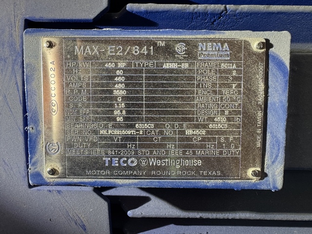 450 HP 3600 RPM Teco Westinghouse, Frame 5011A, TEFC, 460 Volts, cw ode - Image 2