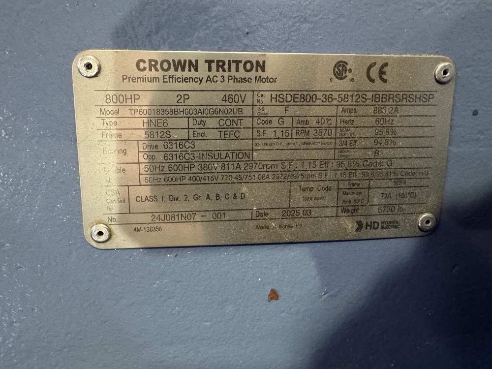 800 HP 3600 RPM Hyundai, Frame 5812S, TEFC, 460 Volts, opp rotation fan w/motor, dual insulated brgs. - Image 2