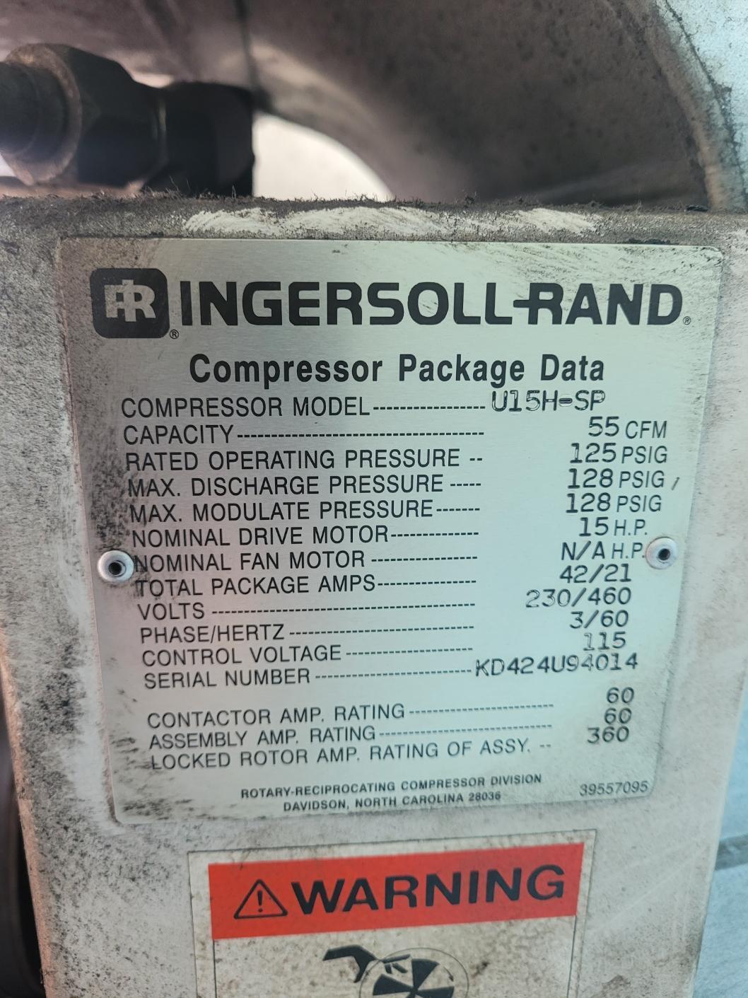 55 cfm, 125 psig, Ingersoll-Rand #U15H-SP, rotary screw air compressor, 15 HP, 230/460 V., 1994 - Image 9