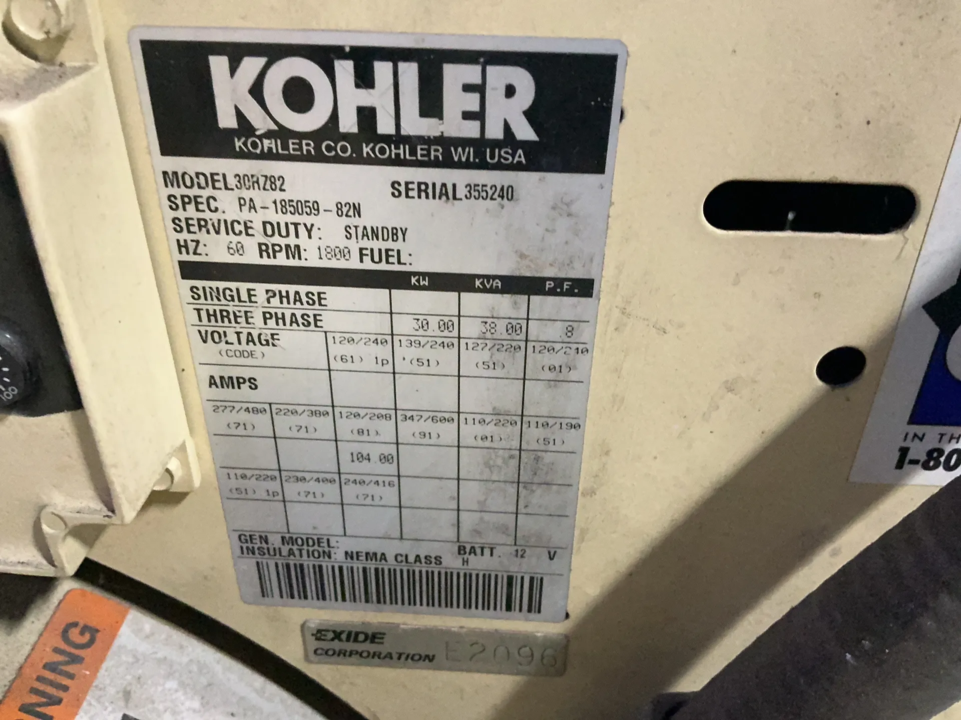 30 KW Kohler #30RZ82, diesel generator, 38 KVA, 1800 RPM, 12V battery - Image 8