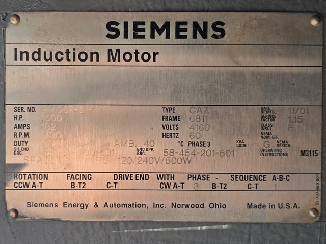 1500 HP 1800 RPM Siemens, Frame 6811, TEFCSB TUBE, 4160 Volts - Image 2
