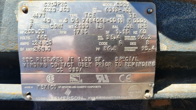 200 HP 1800 RPM U.S. Motors, Frame 447T, TEFC BB, 460 Volts, New Surplus - Image 2