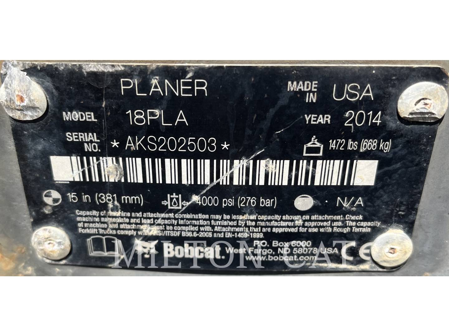 Bobcat 18PLA 18IN COLD PLANER, Cold Planer, S/N: AKS202503, 2014 - Image 5