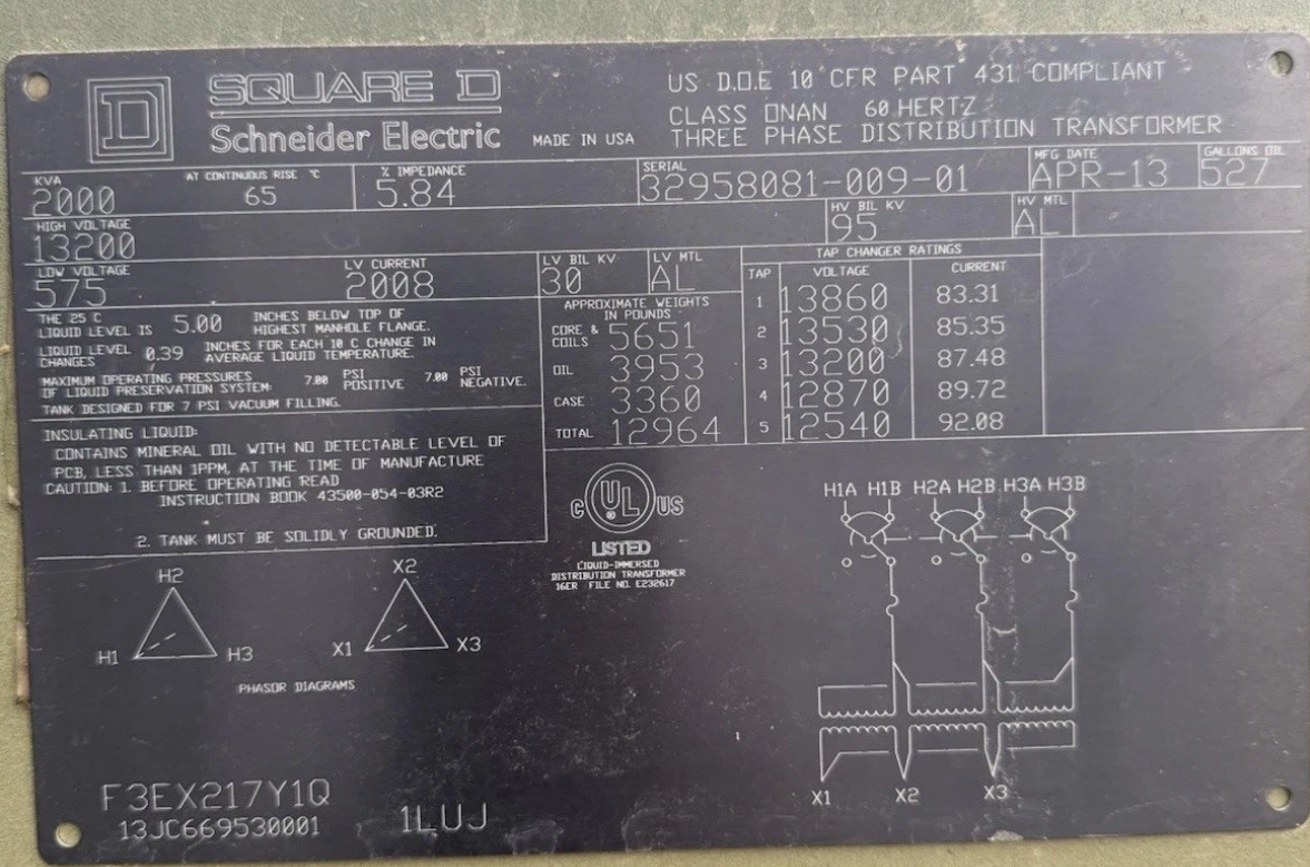 2000 KVA 13200 Primary, 575 Secondary, Square D, Schneider Electric pad mounted transformer (2 available) - Image 5