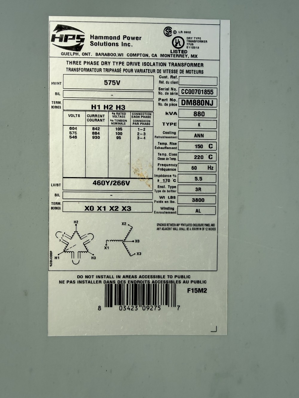 880 KVA 575 Primary, 460Y/266 Secondary, Hammond Powwer Solutions, dry type isolation transformer - Image 2
