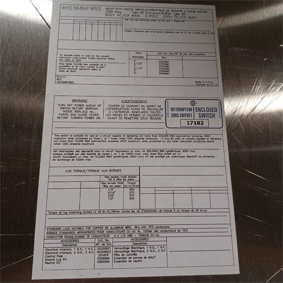 1200 Amp. Cutler Hammer #4HD368NFWSS, Non-Fusible Disconnect Switch, 600 VAC, 3 phase, Nema 4X, unused - Image 3