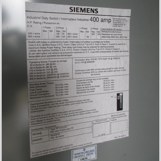 400 Amp. Siemens, Fusible Disconnect Switch, 600 Volts (2 available) - Image 4