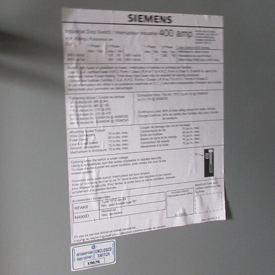 400 Amp. Siemens, Fusible Disconnect Switch, 600 Volts (2 available) - Image 8