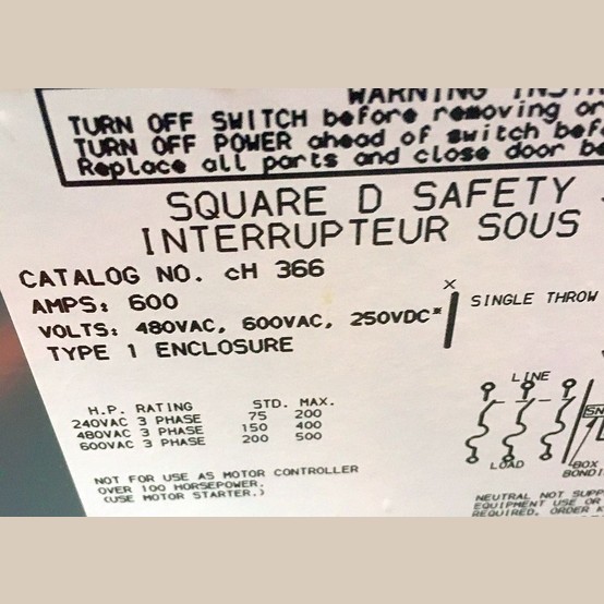 600 Amp. Square D #CH366, Fusible Disconnect Switch, 600 VAC - Image 3