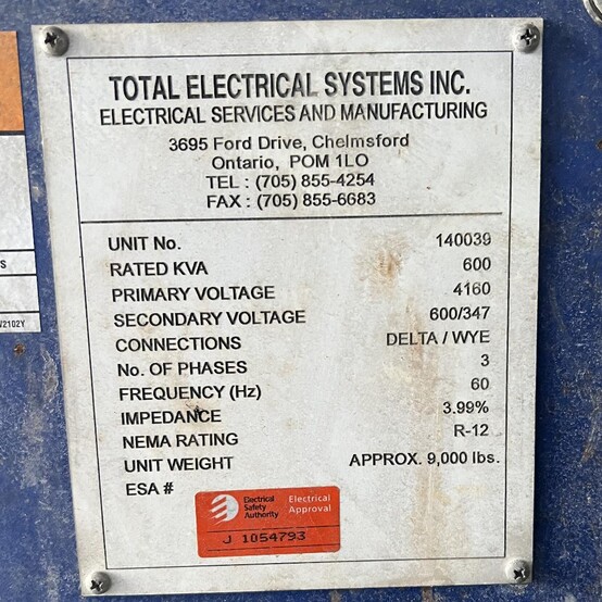 600 KVA 4160 Primary, 600/347 Secondary, Total Electrical Systems, Portable Substation Transformer, 3 phase - Image 4
